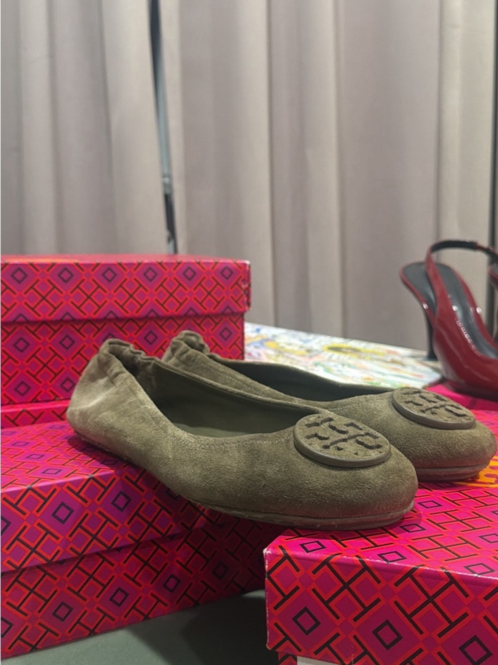 Tory Burch Olive Green Suede Logo Ballet Flats
